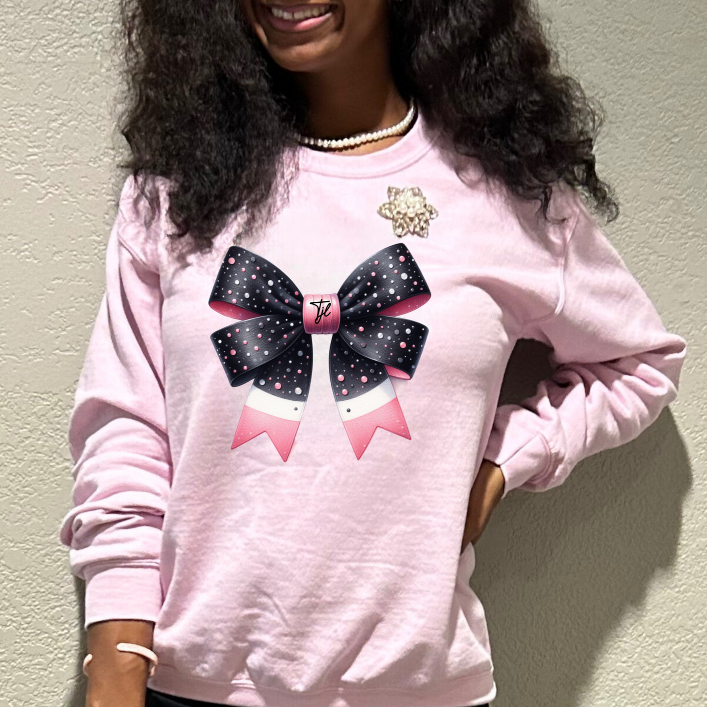 Pink & Black Jream Bow Coquette Women Sweatshirt| Bow Sweatshirts