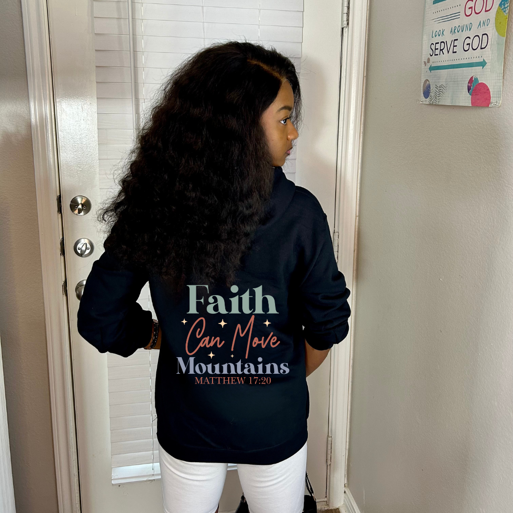 Faith Can Moves Mountains Cotton Hoodie - Womenswear Long Sleeve Crewneck Sweatshirt - Fabric Comfort Drawstring Chic